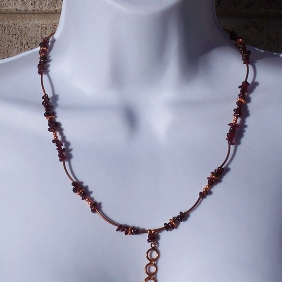Handmade Necklace with Red Garnets and Bronze Coated Brass Tube Beads  21.5 IN - Picture 3 of 10